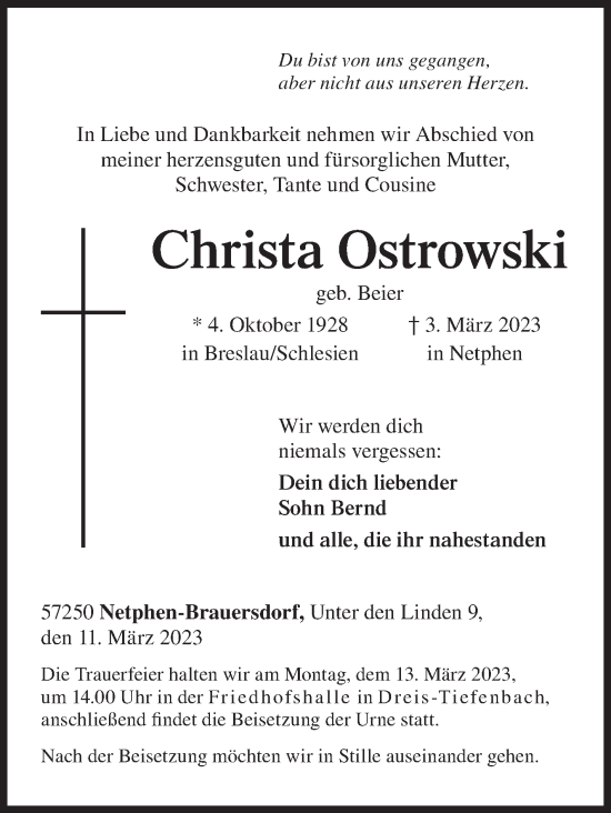 Traueranzeige von Christa Ostrowski von Siegener Zeitung