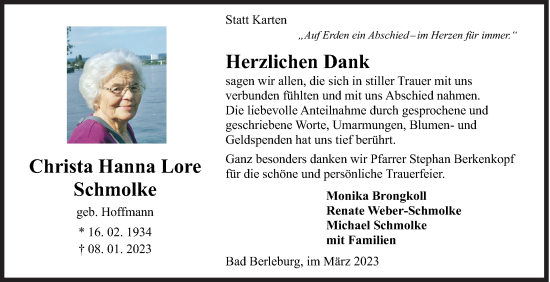 Traueranzeige von Christa Hanna Lore Schmolke von Siegener Zeitung