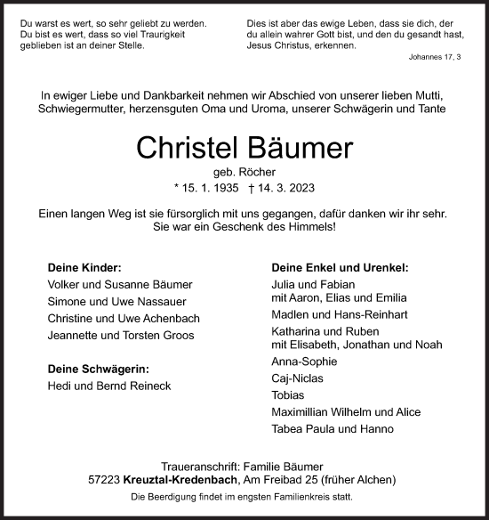 Traueranzeige von Christel Bäumer von Siegener Zeitung