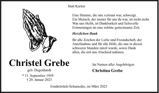 Traueranzeige von Christel Grebe von Siegener Zeitung