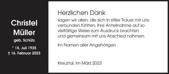 Traueranzeige von Christel Müller von Siegener Zeitung