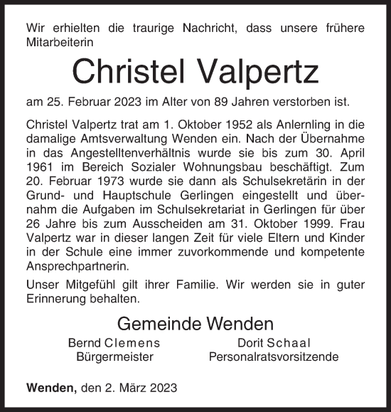 Traueranzeige von Christel Valpertz von Siegener Zeitung