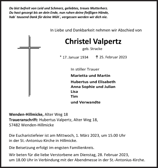 Traueranzeige von Christel Valpertz von Siegener Zeitung