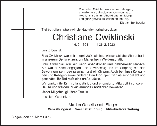 Traueranzeige von Christiane Cwiklinski von Siegener Zeitung
