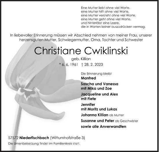 Traueranzeige von Christiane Cwiklinski von Siegener Zeitung