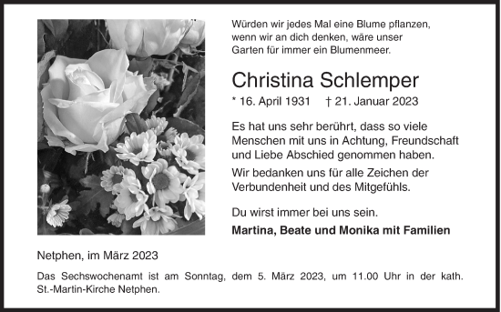 Traueranzeige von Christina Schlemper von Siegener Zeitung