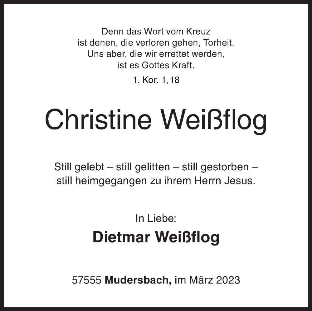  Traueranzeige für Christine Weißflog vom 22.03.2023 aus Siegener Zeitung