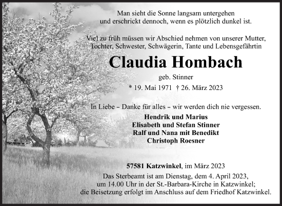 Traueranzeige von Claudia Hombach von Siegener Zeitung