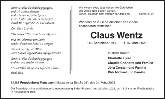 Traueranzeige von Claus Wentz von Siegener Zeitung