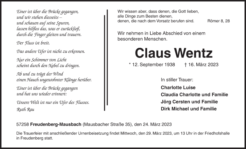  Traueranzeige für Claus Wentz vom 24.03.2023 aus Siegener Zeitung