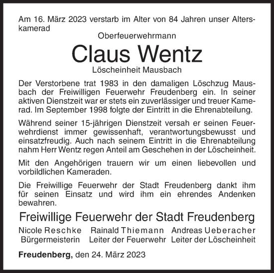 Traueranzeige von Claus Wentz von Siegener Zeitung
