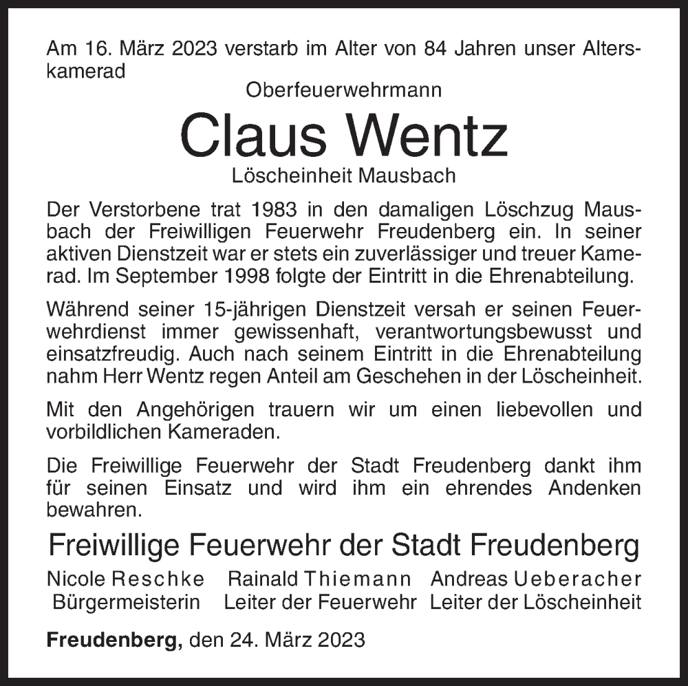  Traueranzeige für Claus Wentz vom 24.03.2023 aus Siegener Zeitung