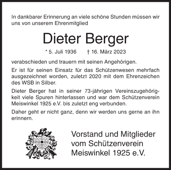 Traueranzeige von Dieter Berger von Siegener Zeitung