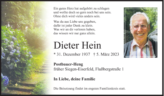 Traueranzeige von Dieter Hein von Siegener Zeitung