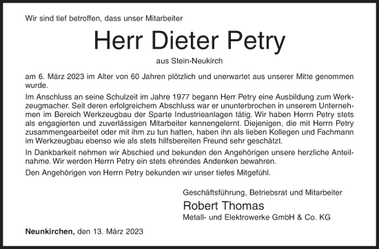 Traueranzeige von Dieter Petry von Siegener Zeitung