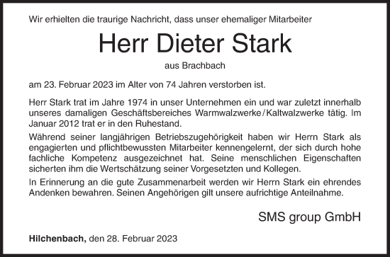 Traueranzeige von Dieter Stark von Siegener Zeitung