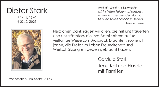 Traueranzeige von Dieter Stark von Siegener Zeitung