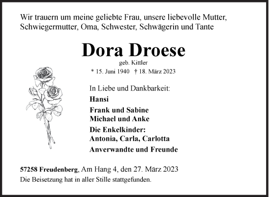 Traueranzeige von Dora Droese von Siegener Zeitung