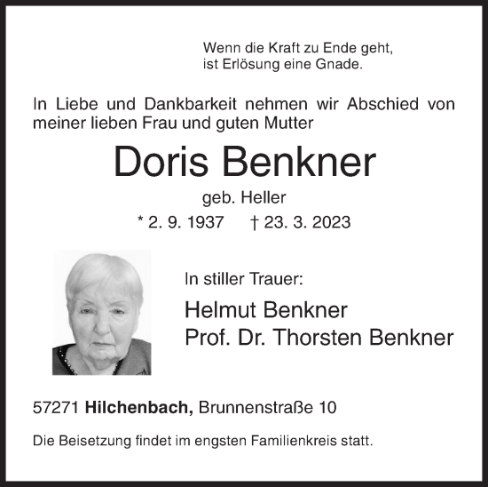 Traueranzeige von Doris Benkner von Siegener Zeitung