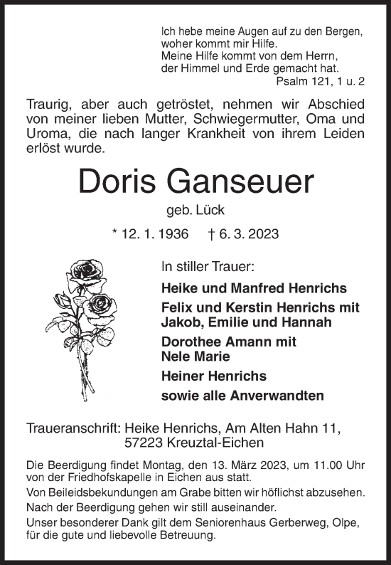 Traueranzeige von Doris Ganseuer von Siegener Zeitung