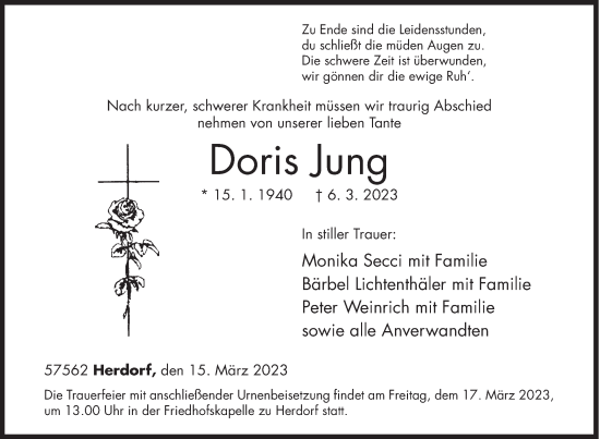 Traueranzeige von Doris Jung von Siegener Zeitung