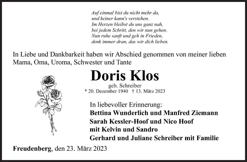  Traueranzeige für Doris Klos vom 23.03.2023 aus Siegener Zeitung