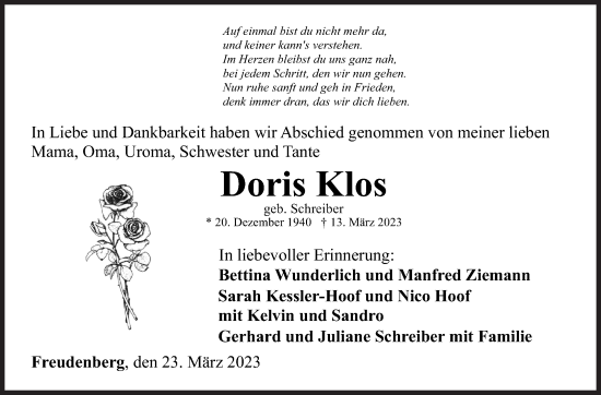 Traueranzeige von Doris Klos von Siegener Zeitung