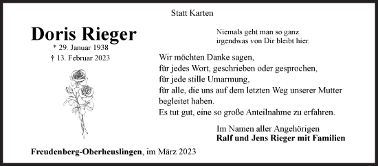 Traueranzeige von Doris Rieger von Siegener Zeitung