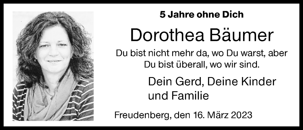  Traueranzeige für Dorothea Bäumer vom 16.03.2023 aus Siegener Zeitung