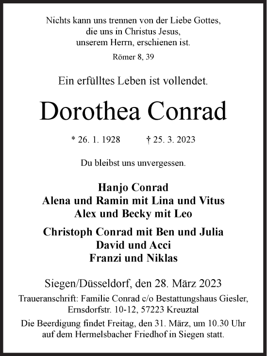 Traueranzeige von Dorothea Conrad von Siegener Zeitung