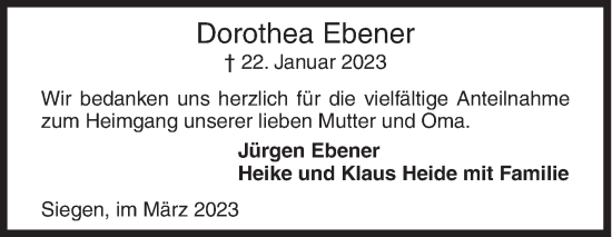 Traueranzeige von Dorothea Ebener von Siegener Zeitung