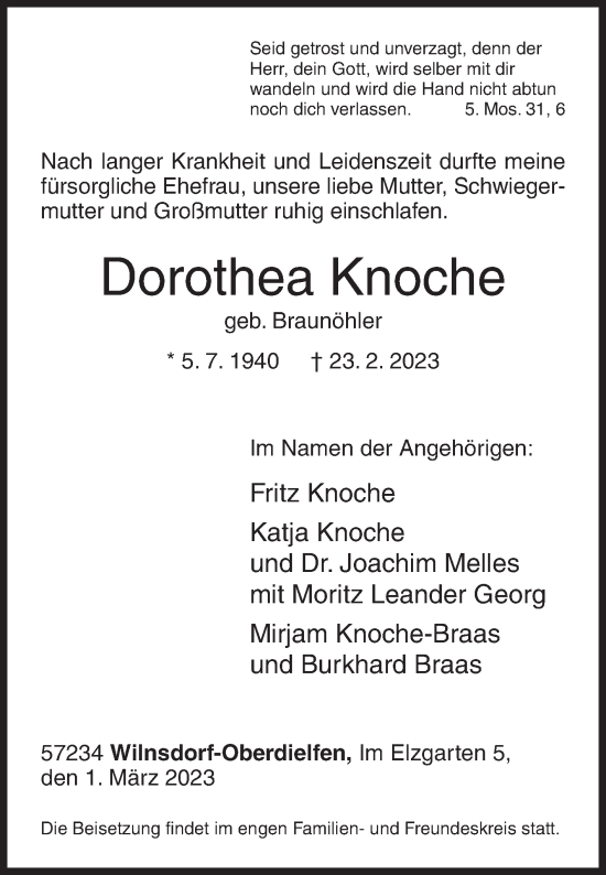 Traueranzeige von Dorothea Knoche von Siegener Zeitung