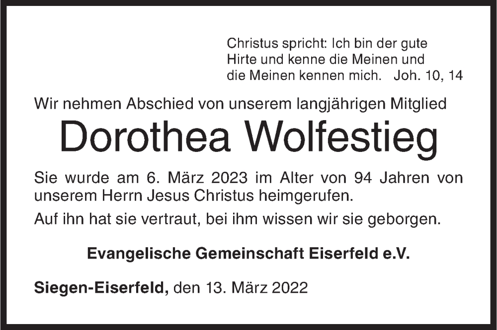  Traueranzeige für Dorothea Wolfestieg vom 13.03.2023 aus Siegener Zeitung