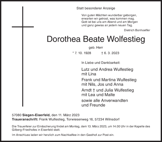 Traueranzeige von Dorothea Beate Wolfestieg von Siegener Zeitung