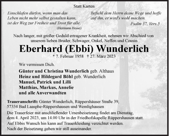 Traueranzeige von Eberhard Wunderlich von Siegener Zeitung