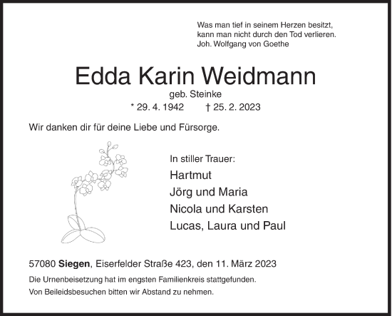 Traueranzeige von Edda Karin Weidmann von Siegener Zeitung