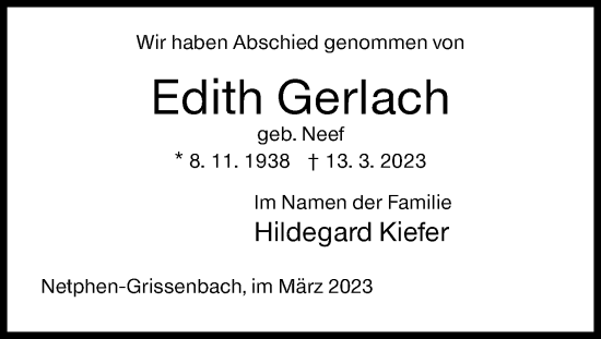 Traueranzeige von Edith Gerlach von Siegener Zeitung