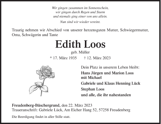 Traueranzeige von Edith Loos von Siegener Zeitung