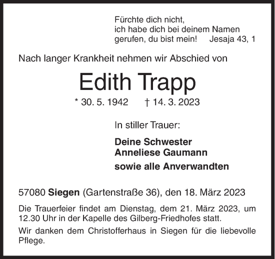 Traueranzeige von Edith Trapp von Siegener Zeitung
