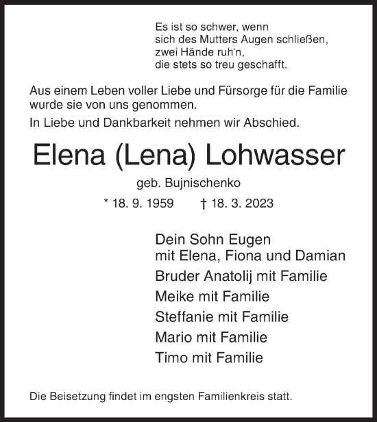 Traueranzeige von Elena Lohwasser von Siegener Zeitung