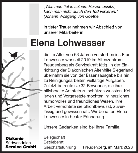 Traueranzeige von Elena Lohwasser von Siegener Zeitung