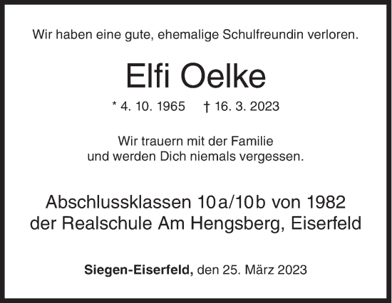Traueranzeige von Elfi Oelke von Siegener Zeitung