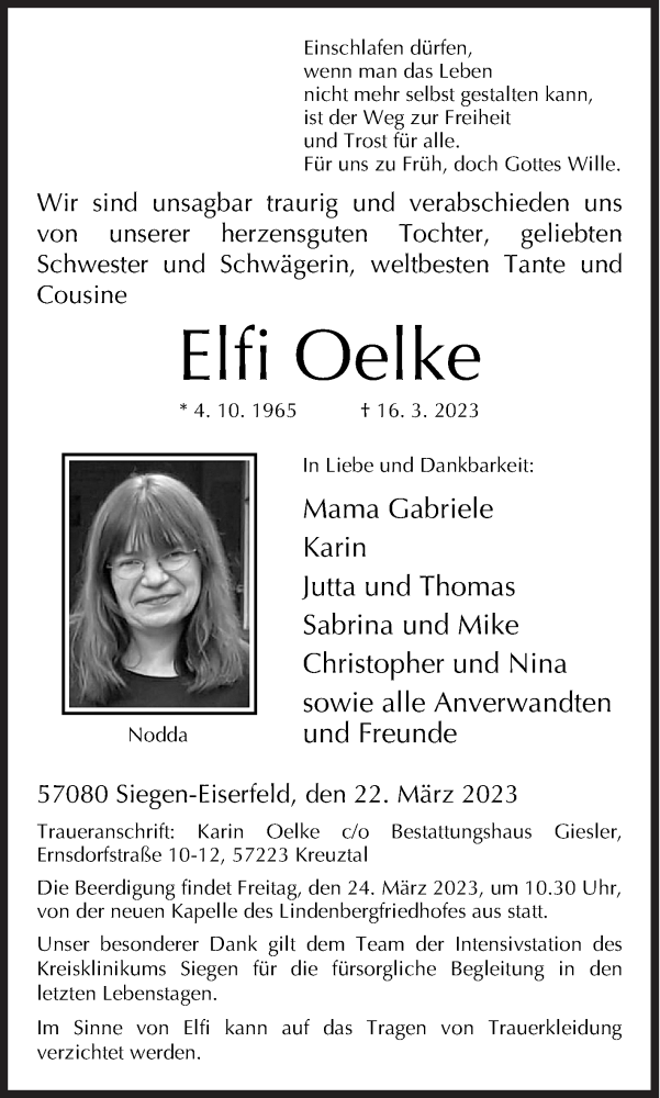  Traueranzeige für Elfi Oelke vom 22.03.2023 aus Siegener Zeitung