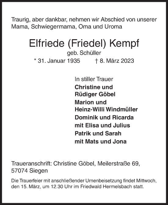 Traueranzeige von Elfriede  Kempf von Siegener Zeitung