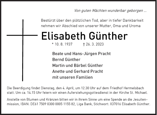 Traueranzeige von Elisabeth Günther von Siegener Zeitung