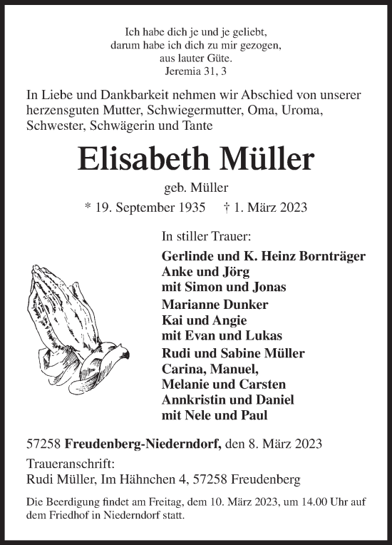 Traueranzeige von Elisabeth Müller von Siegener Zeitung