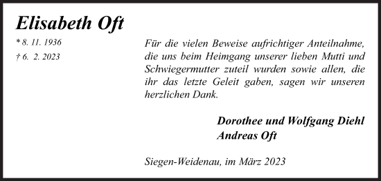 Traueranzeige von Elisabeth Oft von Siegener Zeitung