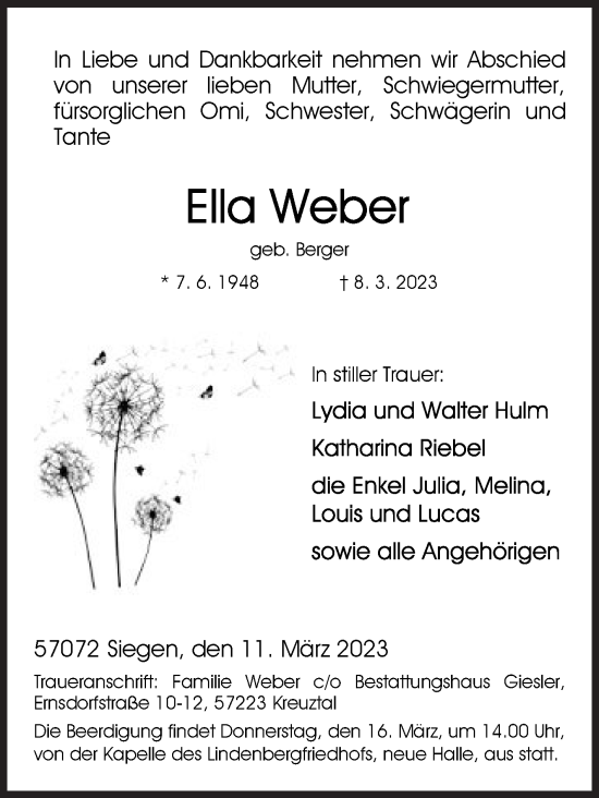 Traueranzeige von Ella Weber von Siegener Zeitung