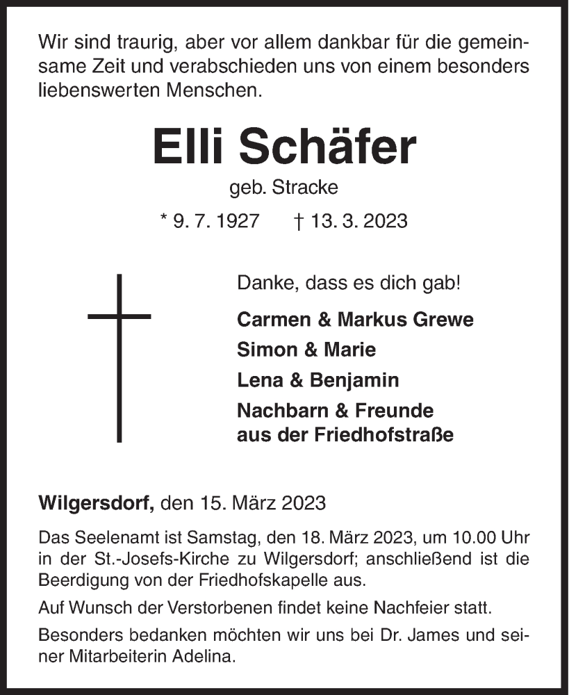  Traueranzeige für Elli Schäfer vom 15.03.2023 aus Siegener Zeitung