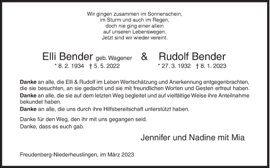 Traueranzeige von Elli und Rudolf Bender von Siegener Zeitung